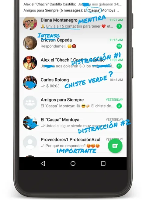Pantalla de un messenger personal llena de chats de amigos mezclados con chats de trabajo